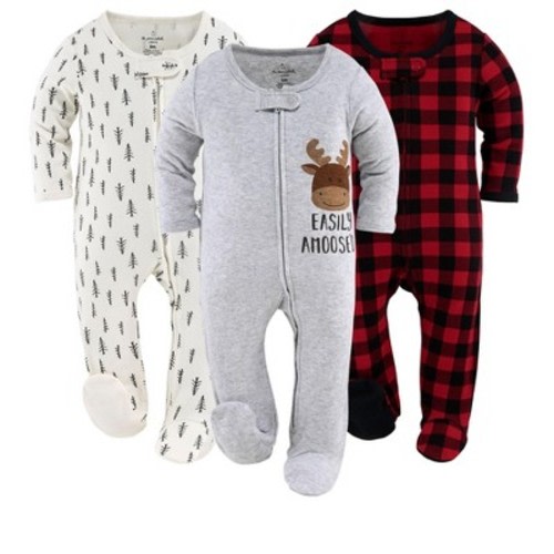 The Peanutshell Footed Baby Sleepers for Boys or Girls, Buffalo Plaid & Woodland, 3-Pack, Newborn to 3 Months