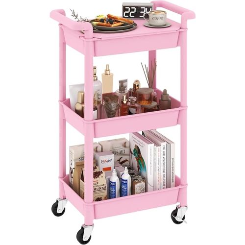 3-Tier Utility Rolling Cart with Cover Top Board, Mobile Utility Cart with Lockable Casters Multi-Functional Storage Trolley for Office, Bathroom, Kitchen, Garden, Laundry Room (Pink)