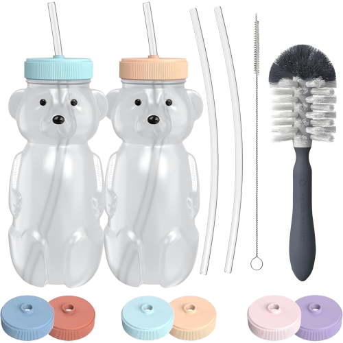 The 730 Project Honey Bear Straw Cup, 2 - pack of 8 oz with Leak-Proof Lid, Bottle Brush & 4 Straws in Aqua and Peach