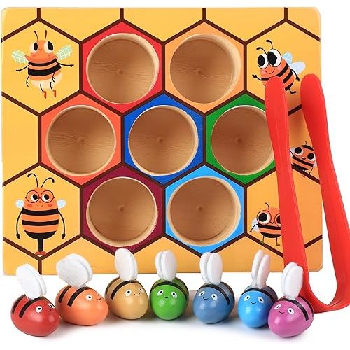 Toddler Fine Motor Skill Toy, Bee to Hive Matching Game, Montessori Wooden Color Sorting Matching Toy, Preschool Educational Learning Toys Gift for Toddler 2 3 Years Old