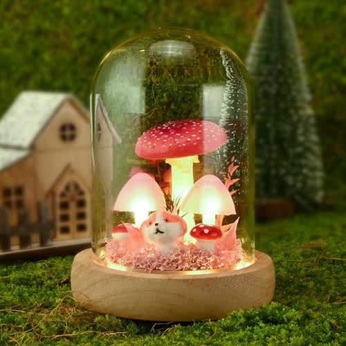 QUELIEN Mushroom Night Light in Glass Dome - Warm White LED Mushroom Lamp for Home Decor, Unique Housewarming Gifts for Women Mom, Bedroom Office Desk Decor（Red）