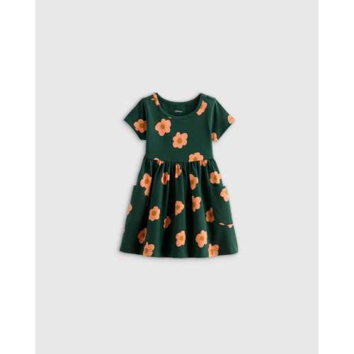 Organic Cotton Fit and Flare Pocket Dress - Baby Girl in Grey Ditsy Floral