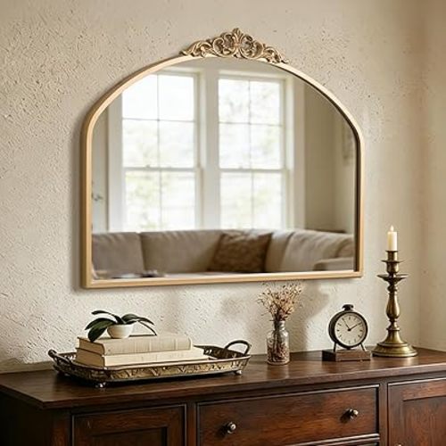 1 Set Vintage 36x29 Gold Antique Baroque Arched Ornate Traditional Brass Mirror and 8.5x12 Vintage Vanity Makeup Desk Table Mirror for Bathroom Entryway Living Room Hallway Fireplace