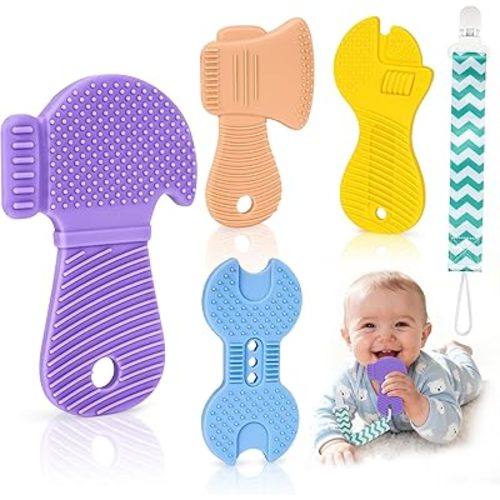 Baby Teething Toys, 4 Pack Silicone Baby Teether Toys with Pacifier Clips, Tool Shape for Babies 0-6 6-12 Months, Multi-Texture Gum Massage Teething Relief, Easy Grip for Newborn Infant Toddler