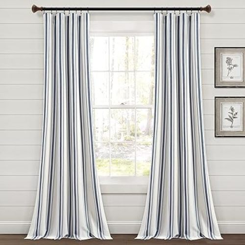 Lush Decor Farmhouse Stripe Yarn Dyed Eco-Friendly Recycled Cotton Window Curtain Panel Pair, 42" W x 95" L, Navy - Classic Modern Rustic Charm - Eco Friendly Cotton Fabric