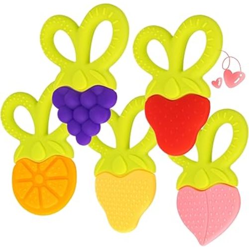 SHARE&CARE BPA Free Silicone Fruit Baby Teether Toys Baby Teething Toys with Storage Case, for 3 Months Above Infant Sore Gums Pain Relief(Heart Handle)