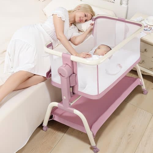 QueenFul Bedside Cribs 3 in 1 Baby Bassinet Bedside Sleeper with Adjustable Height Easy Folding Portable Crib Comfy Mattress and Wheels - Pink