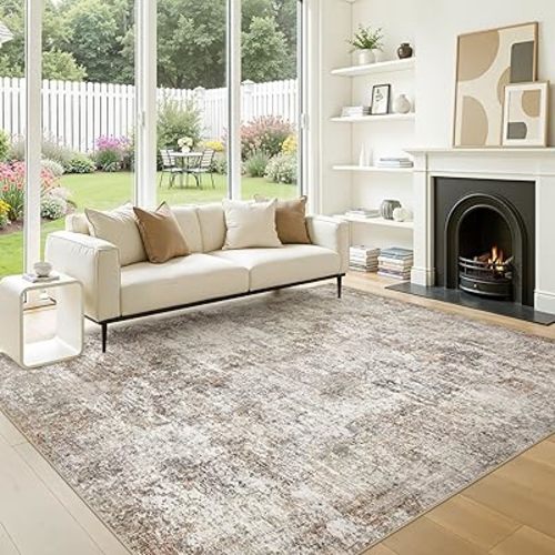 7x9 Area Rugs for Living Room: Washable Large Neutral Abstract Rug Soft Non Slip Stain Resistant Low Pile Indoor Carpet for Bedroom Dining Room Nursery Office Playroom - Brown Grey