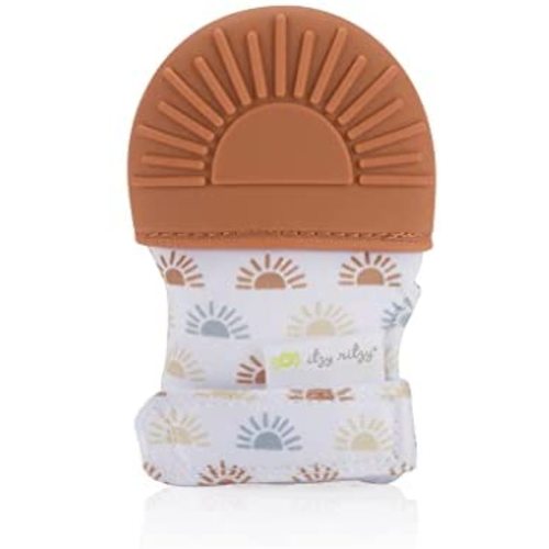 Itzy Ritzy Silicone Teething Mitt – Soothing Infant Teething Mitten with Adjustable Strap, Crinkle Sound and Textured Silicone to Soothe Sore and Swollen Gums, Terracotta Sun