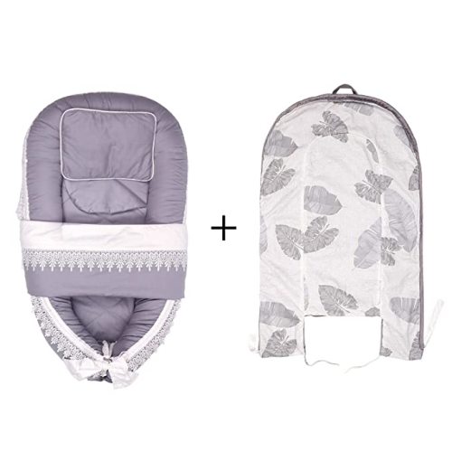 Mamibaby Premium Cotton Baby Lounger with Pure Cotton Breathable Replacement Cover, Great Gift for Baby Shower (Gray Baby Lounger, Leaves Pattern Cover)