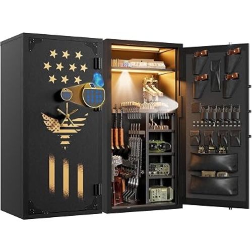 Fingerprint Large Gun Safe, 30-40 Biometric Rifle Safe for Rifle and Shotgun/Rifle Pistol Rack/Storage Pocket/Removable Shelf/Silent Mode/External Battery/LED/Key,180° Open Unassembled Gun Safe(Gold)