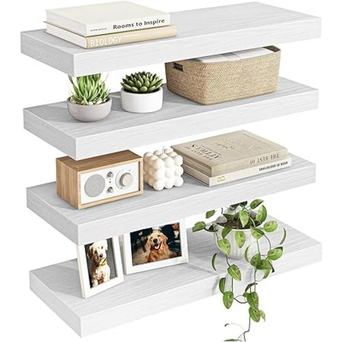 Fixwal 15.8in Floating Shelves, Rustic Wood Finish Wall Shelves Set of 4, Shelves for Wall Decor, with Invisible Brackets for Bathroom, Living Room,Bedroom and Kitchen(White)