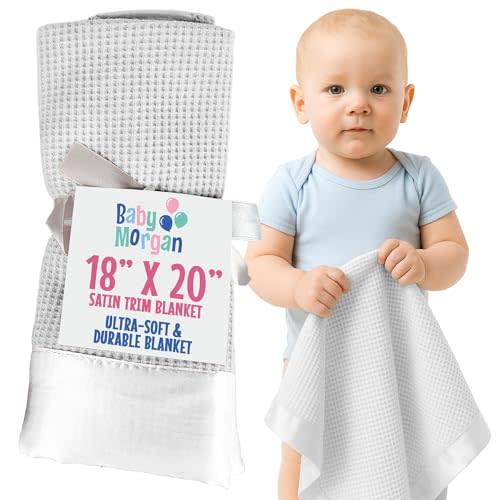 Baby Morgan Thermal Waffle Knit Baby Blanket - Soft Breathable Mini Blanket for Newborns and Infants - Toddler Blankey for Strollers, Travel, Naptime, Nursery and More - 18" x 20" (White, Satin Trim)