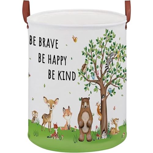 Woodland Baby Laundry Hamper,Bear Baby Boy Nursery Decor with Inspirational Quotes, Tree Storage Bin Fox Owl Towel Bin Clothes Book Toy Organizer Box(Woodland-Bear)