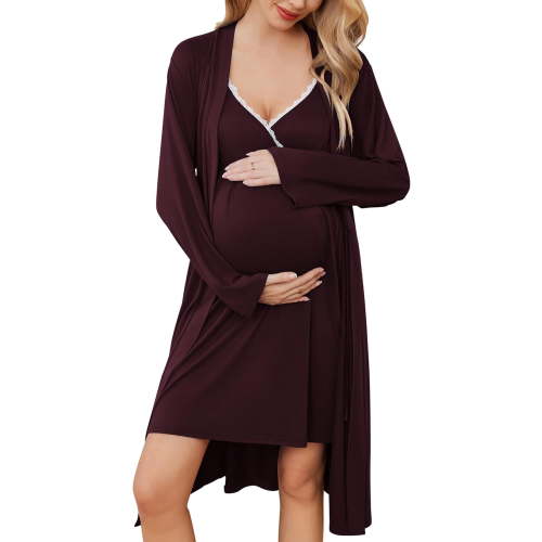 Ekouaer Maternity Nursing Gown and Robe Set Nursing 3 In 1 Labor Delivery Nightgowns for Hospital Breastfeeding Gowns Grey Flower Large