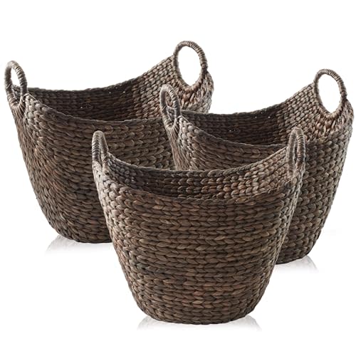 Casafield Set of 3 Multipurpose Boat Baskets with Handles - Espresso, Woven Water Hyacinth Storage Organizers for Throw Blankets, Bedroom, Living Room, Laundry