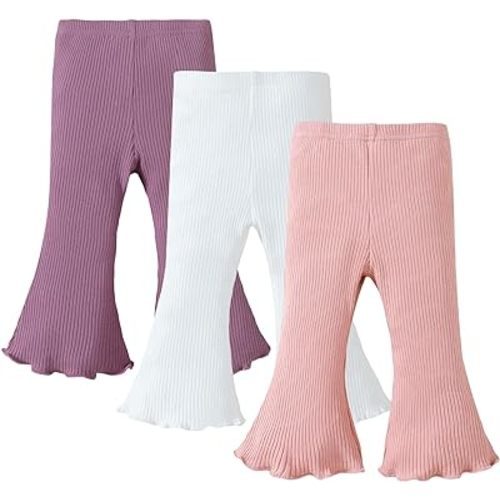 SOBOWO Baby Girl Flare Pants 3 Pack Toddler Solid Ribbed Ruffle Bell Bottoms Pants Trousers Fall Outfits
