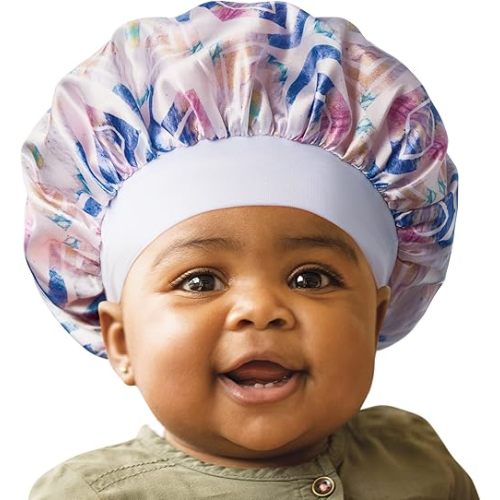 Red by Kiss Baby Satin Bonnet Sleep Cap for Infants, Soft, Stretchy, and Safe, Protects Baby Hair from Frizz & Breakage, Friction Bald Spots (Purple Ikat, 6-18M)