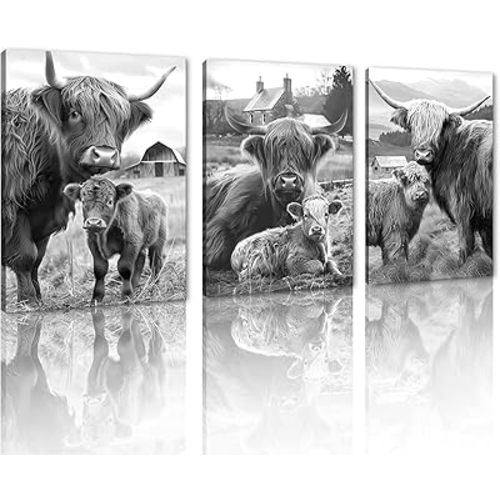 MAMAGO 3 Pieces of Highland Cow Canvas Wall Art Vintage Farmhouse Animal Posters Country Cattle Pictures for Mother's Day Home Wall Decor Framed Ready to Hang-12”x16”x3pcs