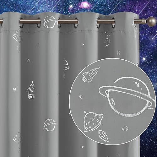 Vangao Grey Kids Curtains for Boys Bedroom Space Theme Blackout Curtains for Kids Nursery Girls Room 84 Inches Length Silver Foil Print Drapes Grommet Top Window Treatments Set 2 Panels