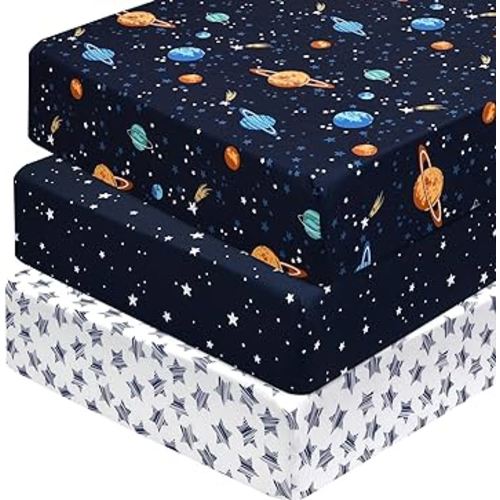 PHF 3 Pack Soft Space Crib Sheets Fitted, Silky Comfy Breathable Baby Sheets for Boys Girls Neutral, 28x52 Inches Fits Standard Crib and Toddler Mattresses, Space
