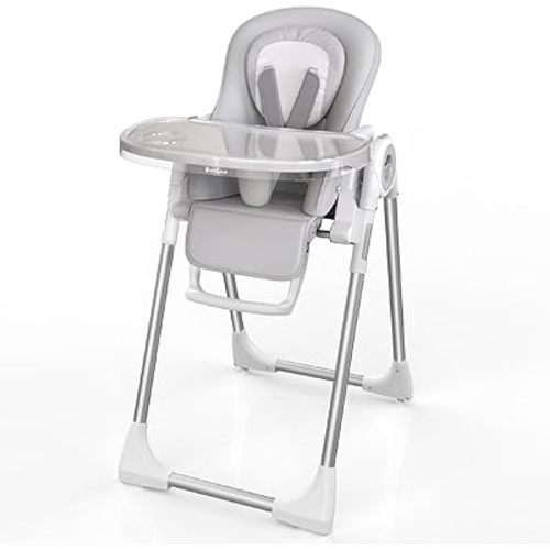 Babilous High Chair, Foldable High Chairs for Babies and Toddlers, Ultra Safe for Infant with Lockable Wheels, Easy Clean, Removable Tray/Adjustable Footrest for Baby Feeding HighChair, Grey