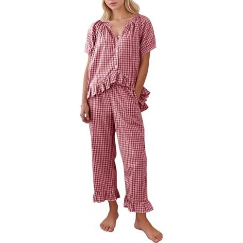 COZYPOIN 100% Cotton Pajamas for Women Set Cute Gingham Lounge Set