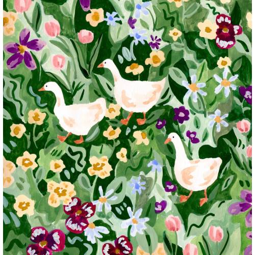 Botanical Wall Art Print: Ducklings and Wildflowers - Cottagecore Style
