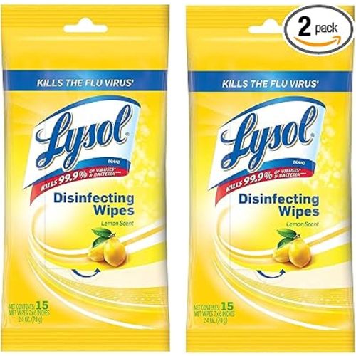 Lysol Disinfecting Wipes To-Go Pack, Lemon Scent, 15 Count (Pack of 2)
