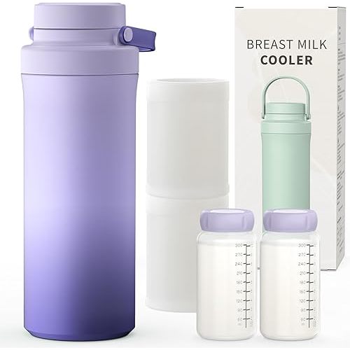 XAPROO 22oz Breast Milk Cooler Bottle, Portable Milk Cooler for Breastmilk with 360° Cooling for 24 Hours, Breastmilk Chiller with 2pcs Baby Bottles, Breastmilk Cooler Travel Bag, BPA-Free (Purple)