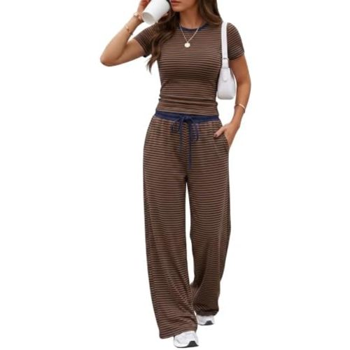 EXLURA Womens Cotton Summer 2 Piece Outfits Striped Short Sleeve Top Matching Wide Leg Sweatpants Sets Lounge Vacation Travel