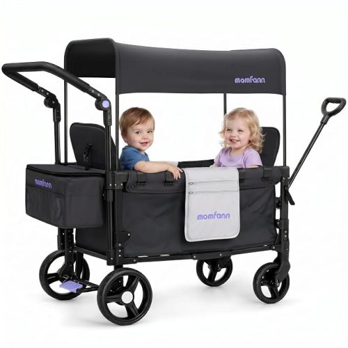 MOMFANN Wagon Stroller for 2 Kids, All-Terrain Foldable Baby Wagon with Adjustable Push & Pull Handle, 5-Point Harness, Removable Canopy, Footwell & Large Storage Bag-Dark Gray