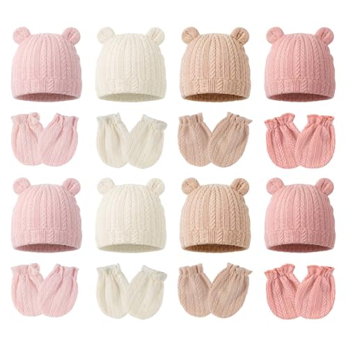 Newborn Baby Girl Hats Mittens Set Cotton for Infants 0-6 Months | 8 Sets New Born Baby Girls Bow Hats Mittens Soft Hospital Hat Beanies No Scratch Mitten Gloves gorros bebes niñas recien 0-3