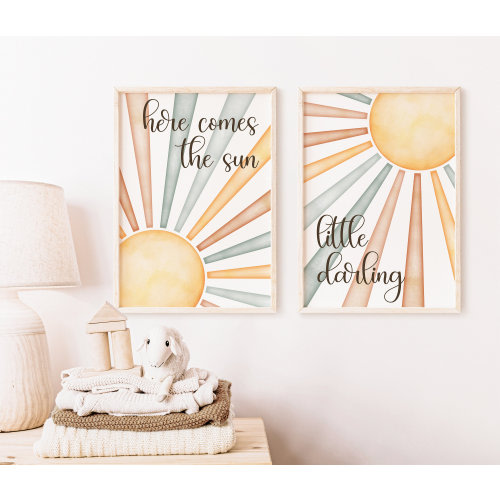 Sun Nursery Prints Set: Boho Pastel Decor, 'Here Comes The Sun'