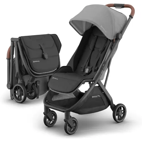 UPPAbaby Minu V3 Travel Stroller - Lightweight + Compact Design - One-Hand Fold + Unfold - from Birth + Overhead Compatible - Greyson (Charcoal Mélange/Carbon Frame/Saddle Leather)