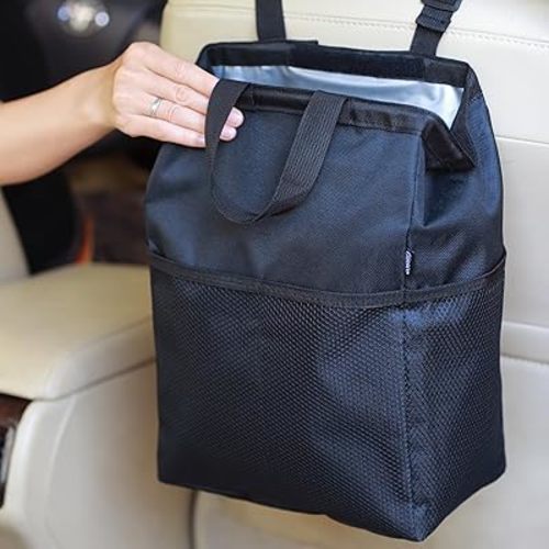 Ginsco New Leak-Proof Travel Car Trash Bag, 3.5 Gallons Large Capacity Hanging Car Trash Can with Velcro Lid and Handle, Multipurpose Trash Bin with Storage Pockets for SUV Truck RV Camping (Black)