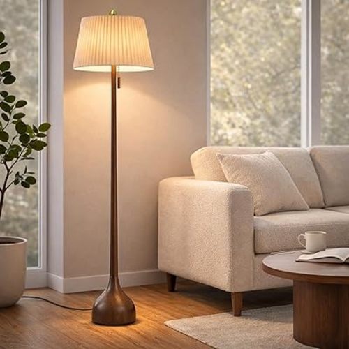 MOFFE 65" Mid Century Modern Vintage Real Wood Floor Lamp with 2 Shades for Two Looks,Sculptural Standing Lamp with Teardrop Base & Wooden Pull Chain for Living Room Bedroom Sofa Side (Bulb Included)