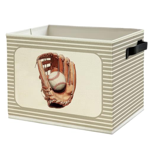 Baseball Sports Boy Nursery Storage Bins Box with Handles, Baseball Glove Neutral Striped Collapsible Basket Organizer for Kids Toddler Boys Room Bedroom Playroom Bathroom Books Clothes