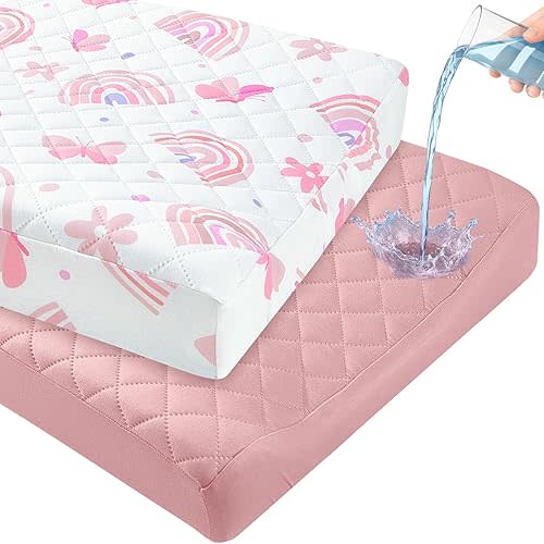FIOBEE Changing Pad Cover Waterproof 2 Pack Quilted Diaper Change Table Sheets Breathable & Ultra Soft for Newborn Baby Boys Girls Fitted Changer Pads 32"x 16", Pink & White Rainbow