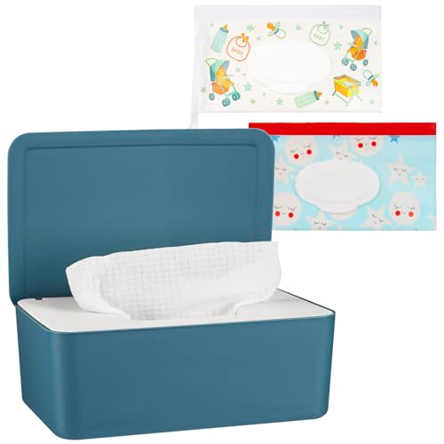Diaper Wipes Dispenser with 2 Travel Wipes Pouches, Blue | Wipes Holder for Bathroom, Wipes Container with Lid Keeps Wipes Fresh
