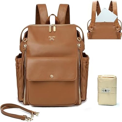 miss fong Diaper Bag Backpack Baby Diaper Bag for Girls and Boys, Leather Purse with 13 Pockets Diaper Bag Organizer,Changing Pad,Stroller Straps,4 Insulated Pockets
