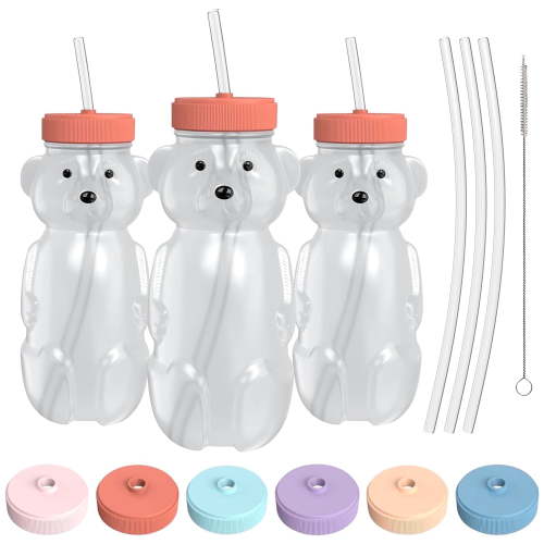 The 730 Project Honey Bear Straw Cup for Toddlers, Baby Bottle Therapy Set - 8oz, Red, 3-Pack