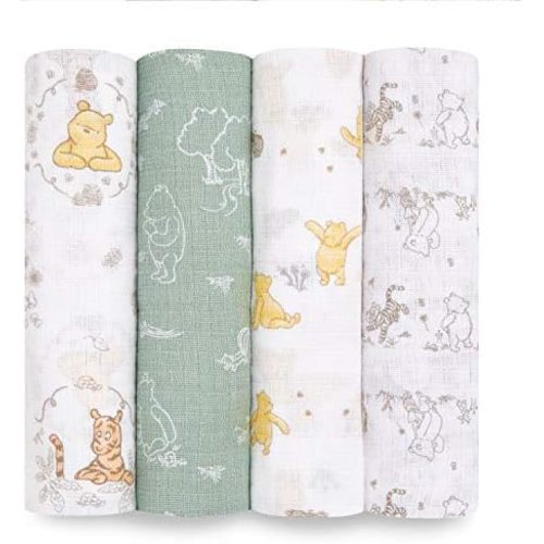 aden + anais Essentials Disney Muslin Swaddle Blankets for Baby Girls and Boys, Newborn Receiving Blanket for Swaddling, 100% Cotton Baby Swaddle Wrap, 4 Pack, Winnie + Friends