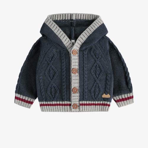 Cardigan en tricot marine-gris effet bas de laine avec capuchon, naissance - Souris Mini
