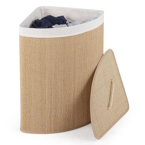 Giantex 15 Gal Corner Laundry Hamper w/Lid, Removable Liner & Handle Beige | Bamboo Laundry Basket, Triangle Clothes Hamper for Small Spaces, Bedroom, Bathroom, Laundry & Living Room