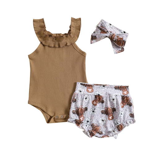 TAIAOJING Toddler Baby Girls Outfits Summer Sleeveless Calf Flower Prints Romper Pants Headbands 3Pcs Cute Clothes Set For 3-6 Months
