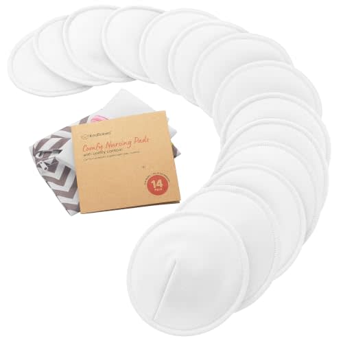 Organic Nursing Pads, 14 Washable Breast Pads,Wash Bag (Soft White, L 5") | Viscose Derived from Bamboo, Breast Pads for Breastfeeding, Reusable Nipple Covers, Breastfeeding Essentials, Soft, Absorbent