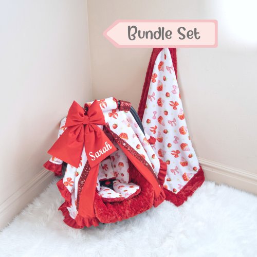Red Strawberry Baby Car Seat Cover Accessories Set: Baby Car Seat Cover, Insert Cushions, & Personalized Blanket - FREE SHIPPING