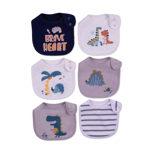 Maiwa 6 Pack Waterproof Cotton Dinosaur Baby Bibs for Girls Boys for Drooling Eating with Adjustable Buttons