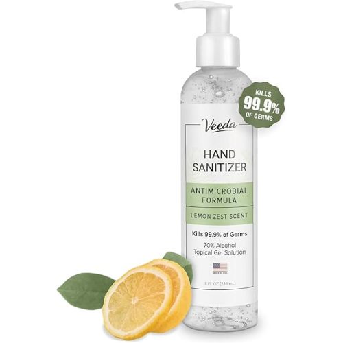 Veeda Scented Hand Sanitizer with Lemon Zest Scent - Moisturizing Clear Gel with Vitamin E & Antimicrobial Formula- Contains 70% Ethyl Alcohol - Hand Sanitizer Travel Size, Made in USA - 8 fl. oz.
